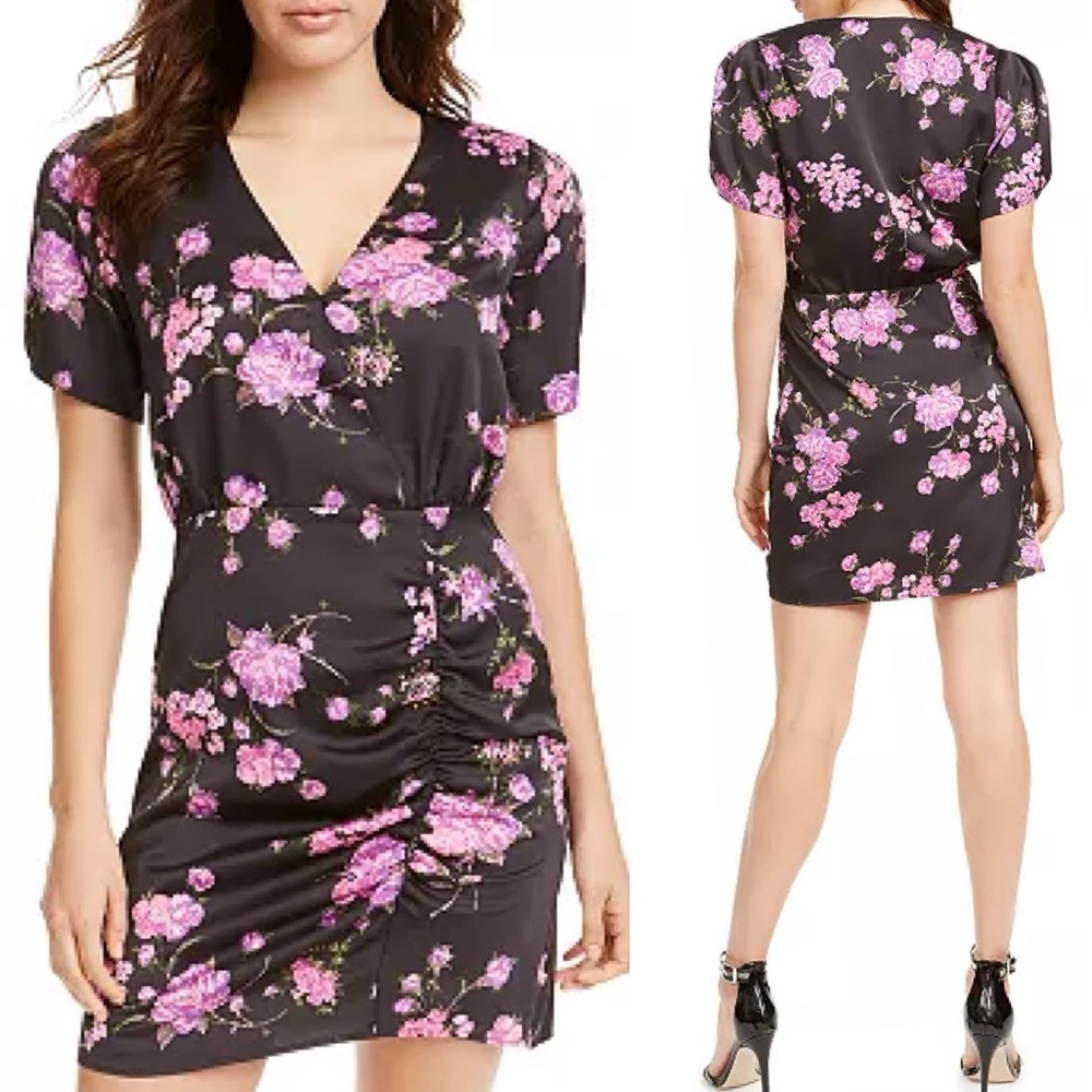 Leyden NWT Black & Purple Floral‎ Satin Ruched Mini Dress Size Large